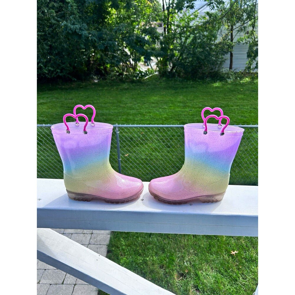 HISEA Girls Size 2 Rainbow Glitter Rain Boots Pink Heart Handles Waterproof